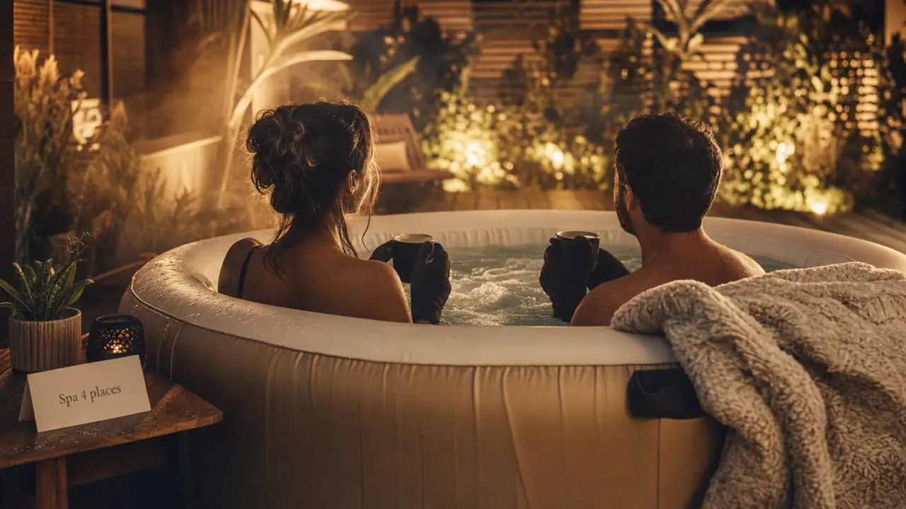 Spa gonflable 4 places avec bulles, jets et 40°C sur une terrasse