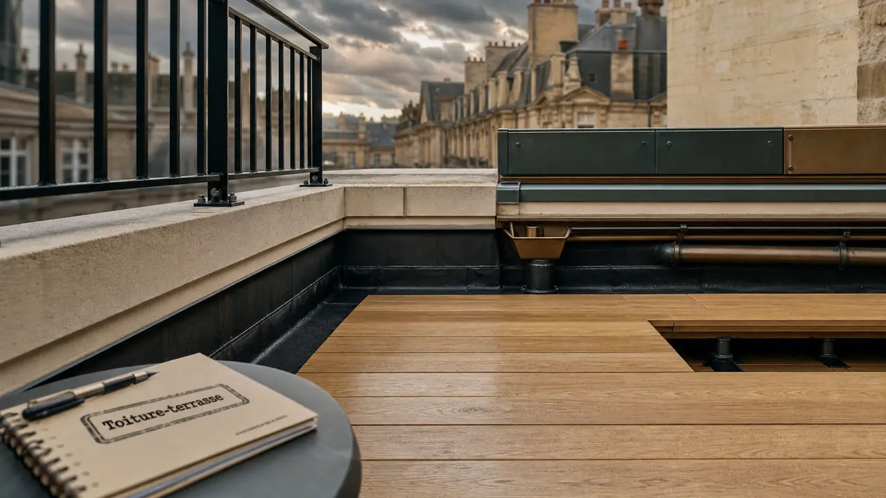 Terrasse sur toiture inclinée avec dalles sur plots et relevé d’étanchéité