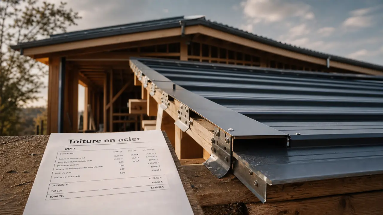 Toiture en acier avec bac nervuré galvanisé sur chantier