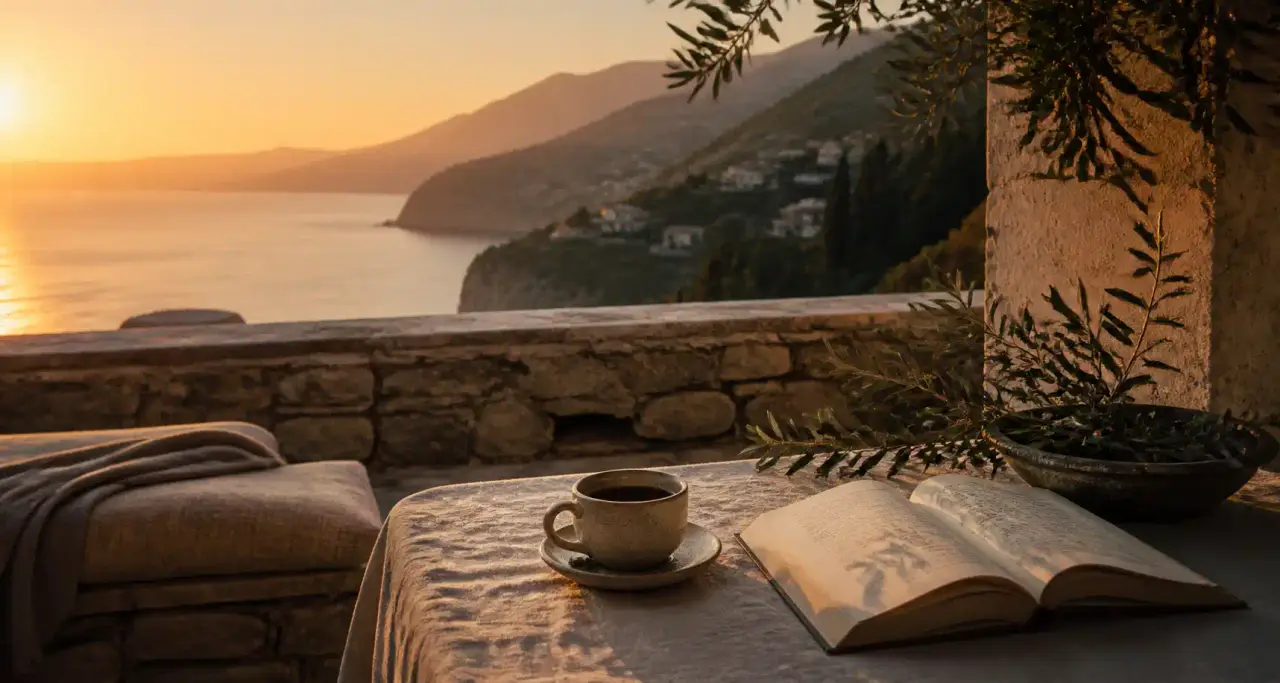 Terrasse en pierre surplombant la côte méditerranéenne au coucher du soleil