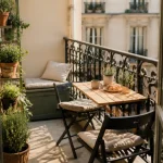 Amenager son balcon : petit balcon avec table rabattable, chaises et plantes