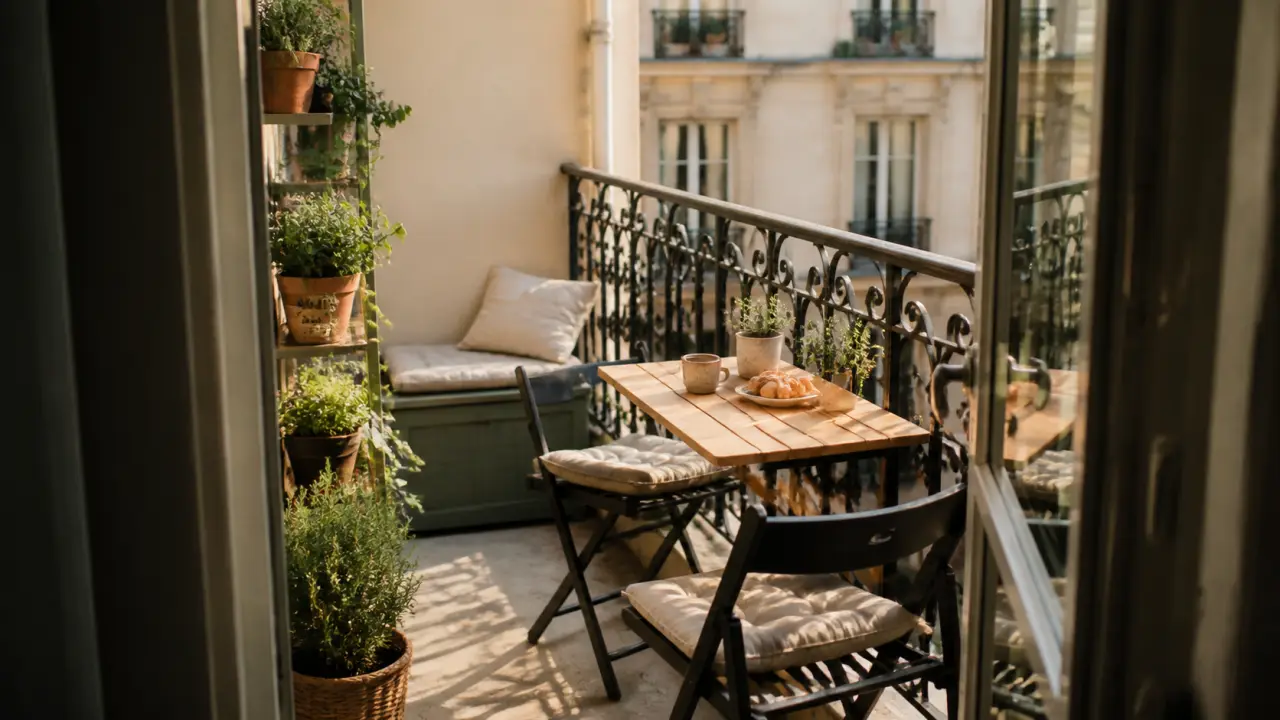 Amenager son balcon : petit balcon avec table rabattable, chaises et plantes