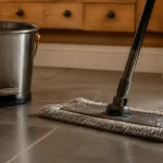 Balai serpillère microfibre sur carrelage lisse en cuisine
