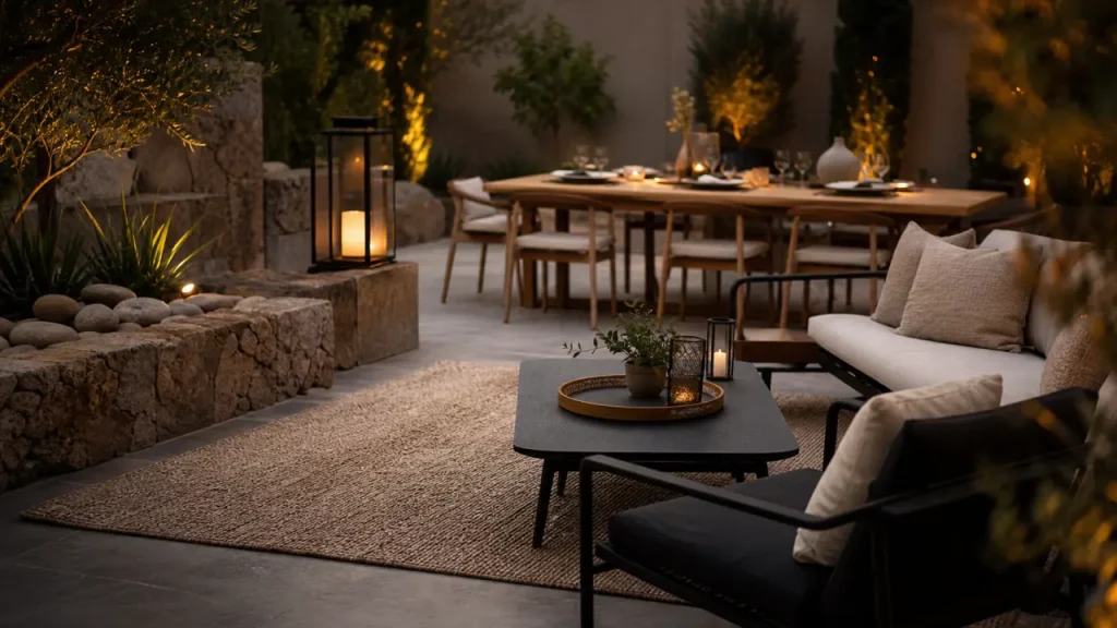 Déco pour terrasse : circulation claire, lumière douce et matières résistantes