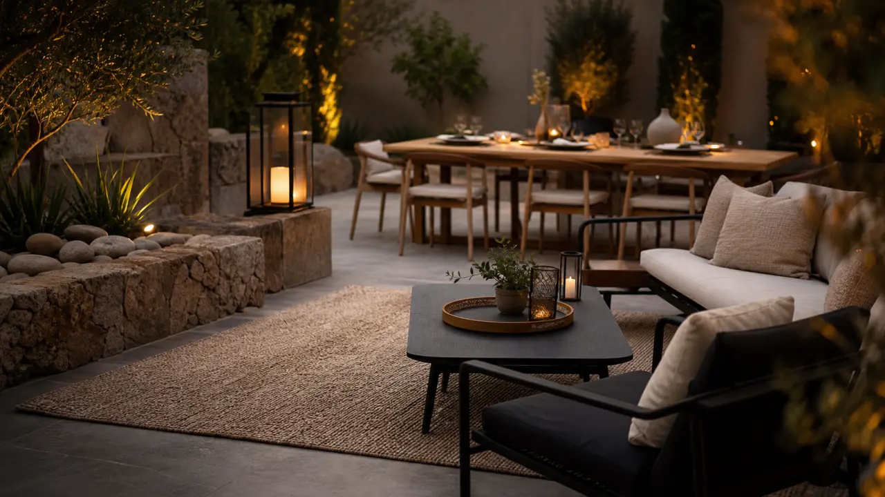 Déco pour terrasse : coin salon avec tapis extérieur, coussins crème et lanternes LED