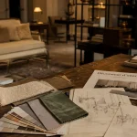 Decorateur d interieur : intérieur élégant, tissus, croquis et nuancier