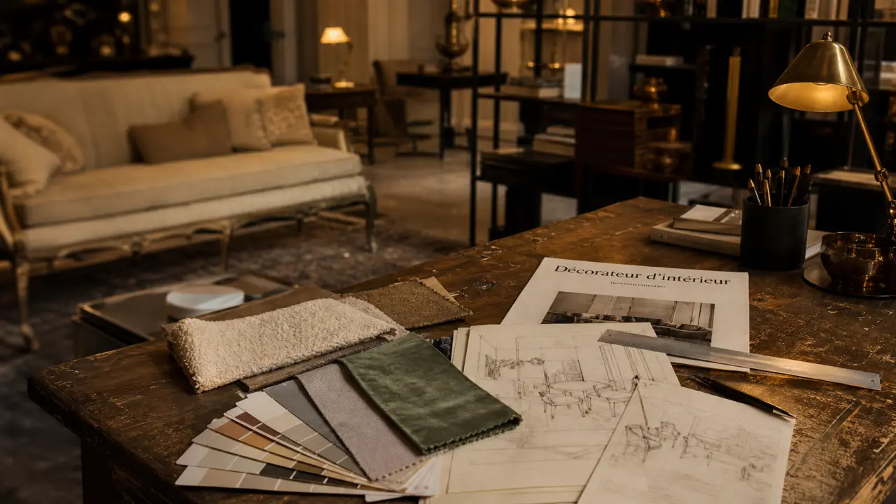 Decorateur d interieur : intérieur élégant, tissus, croquis et nuancier