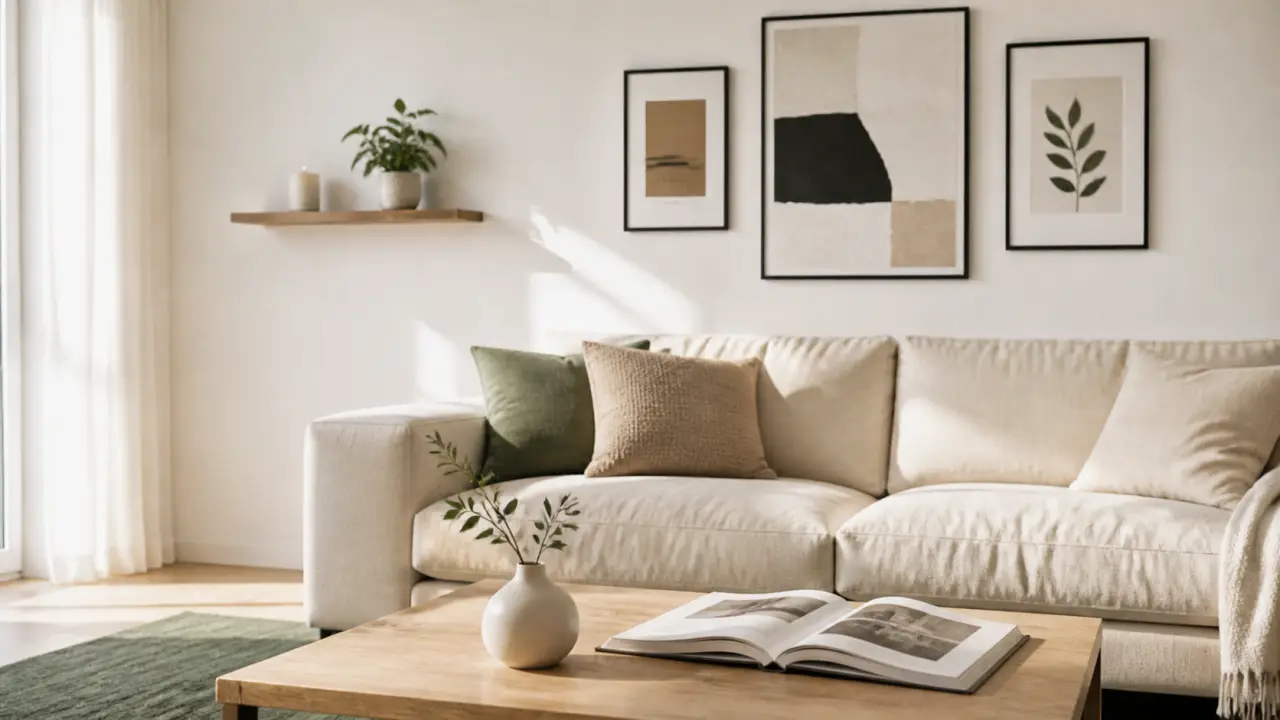 Décorer mur blanc avec cadres noirs et étagère minimaliste