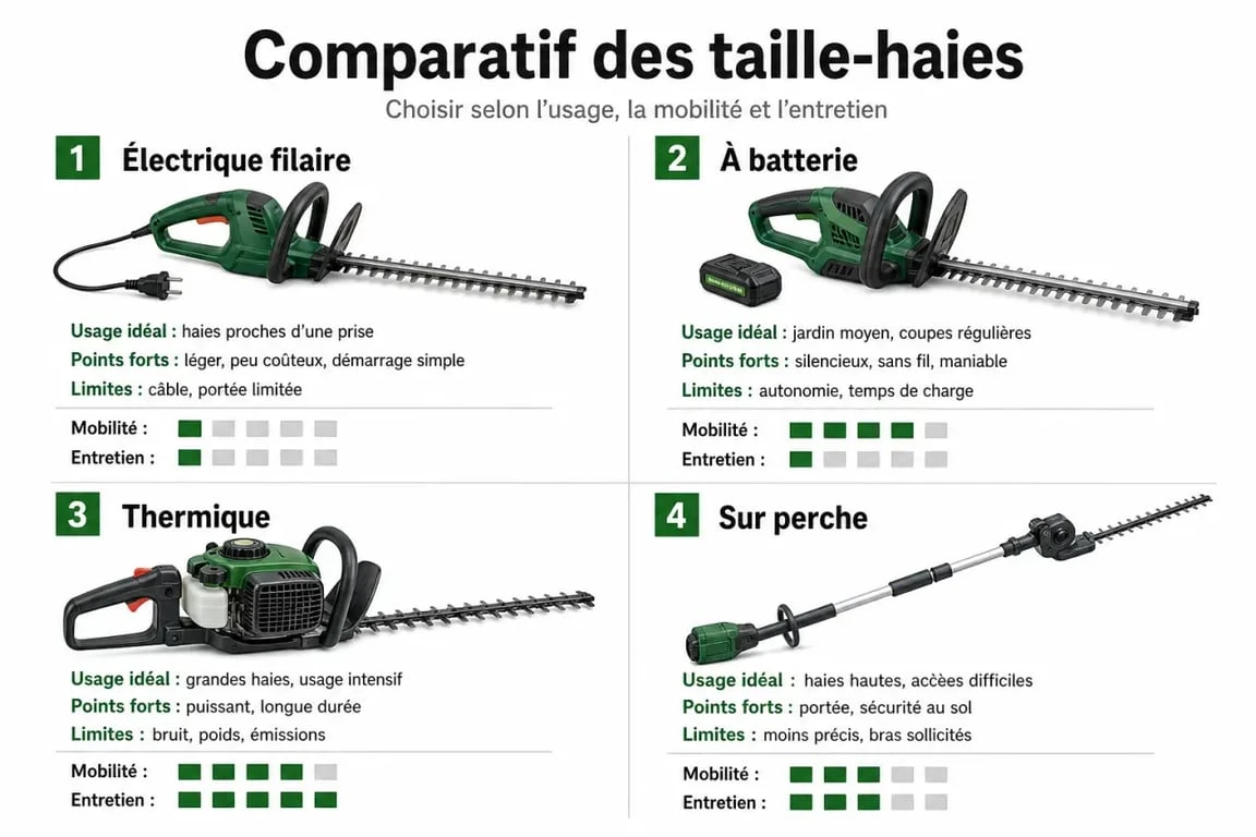 Comparatif taille-haie électrique : électrique, batterie, thermique et sur perche