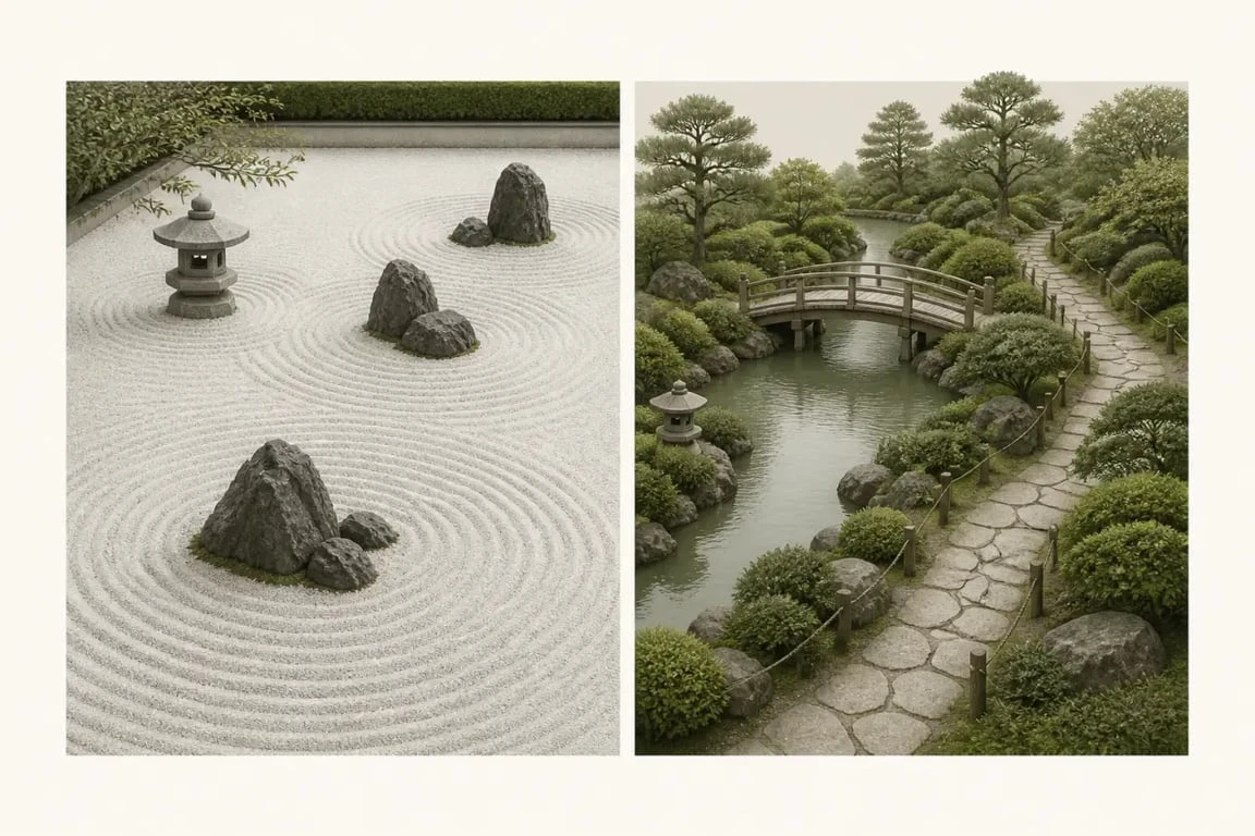 Jardin japonais zen avec gravier ratissé et pierres, à côté d'un jardin japonais de promenade