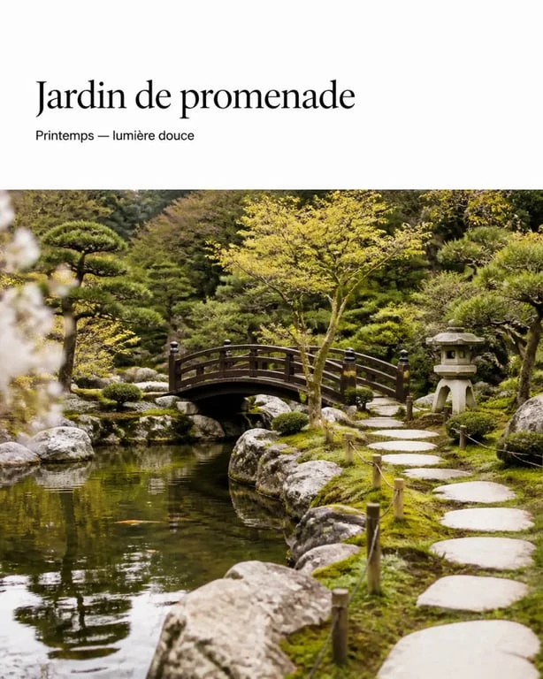Jardin japonais avec étang, pont courbé et érables au printemps