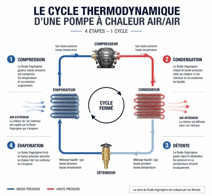 Schéma du cycle thermodynamique d'une pompe à chaleur air/air pour le chauffage et la climatisation