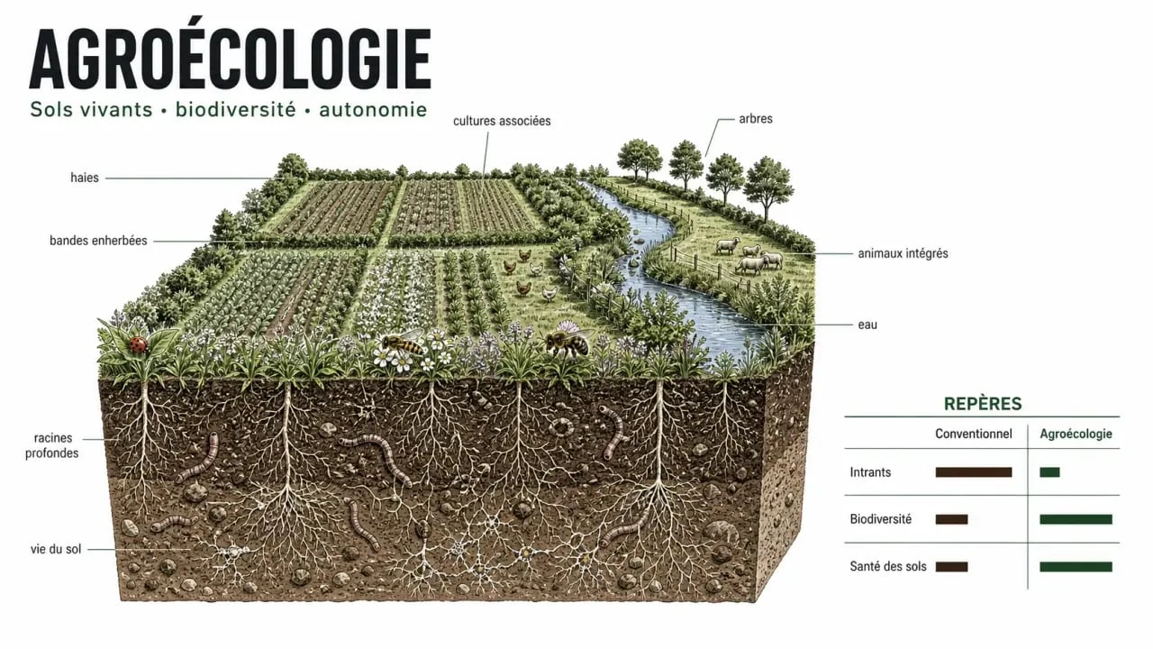 Agro écologie : schéma éditorial d’un agroécosystème avec sols, haies, cultures diversifiées et biodiversité