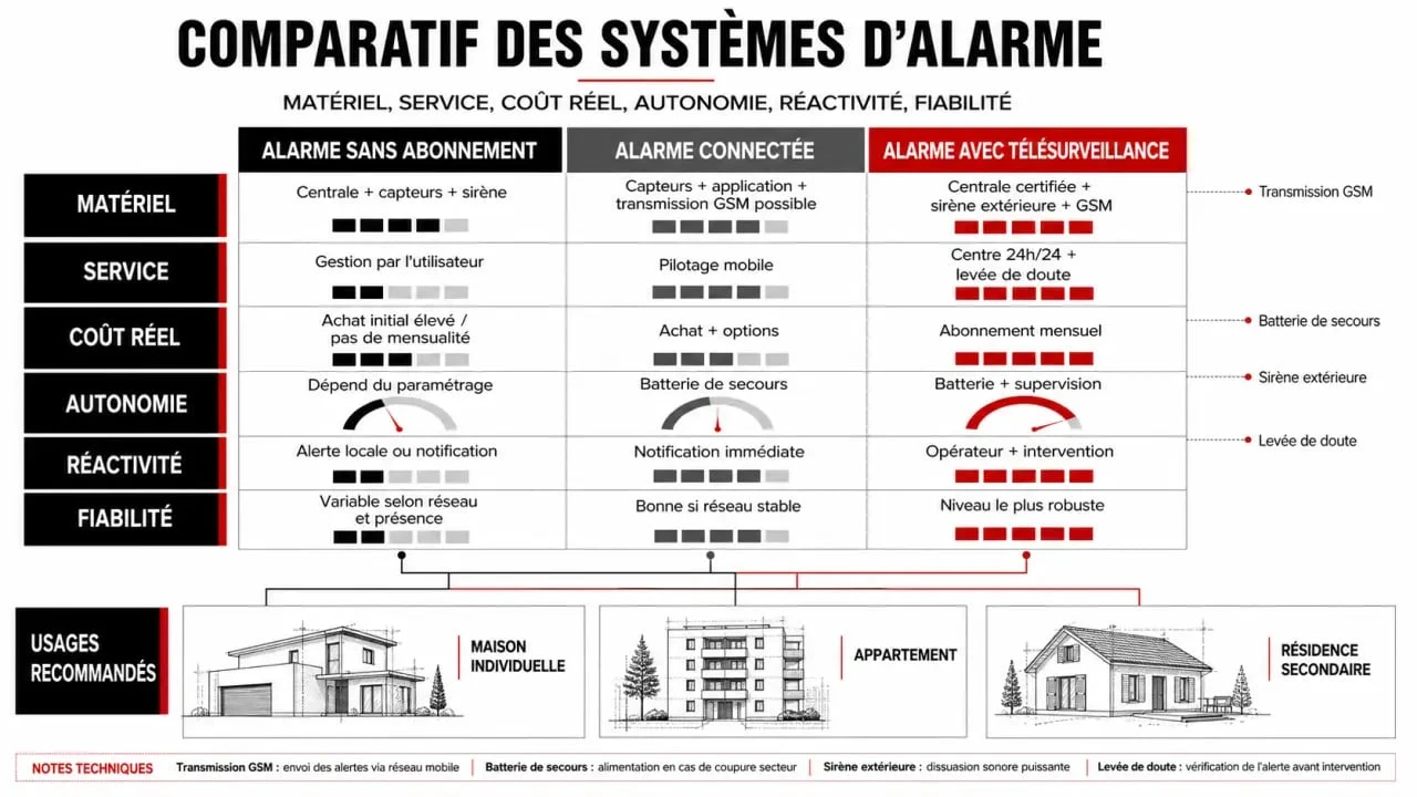 Comparatif meilleur alarme maison entre sans abonnement, alarme connectée et télésurveillance