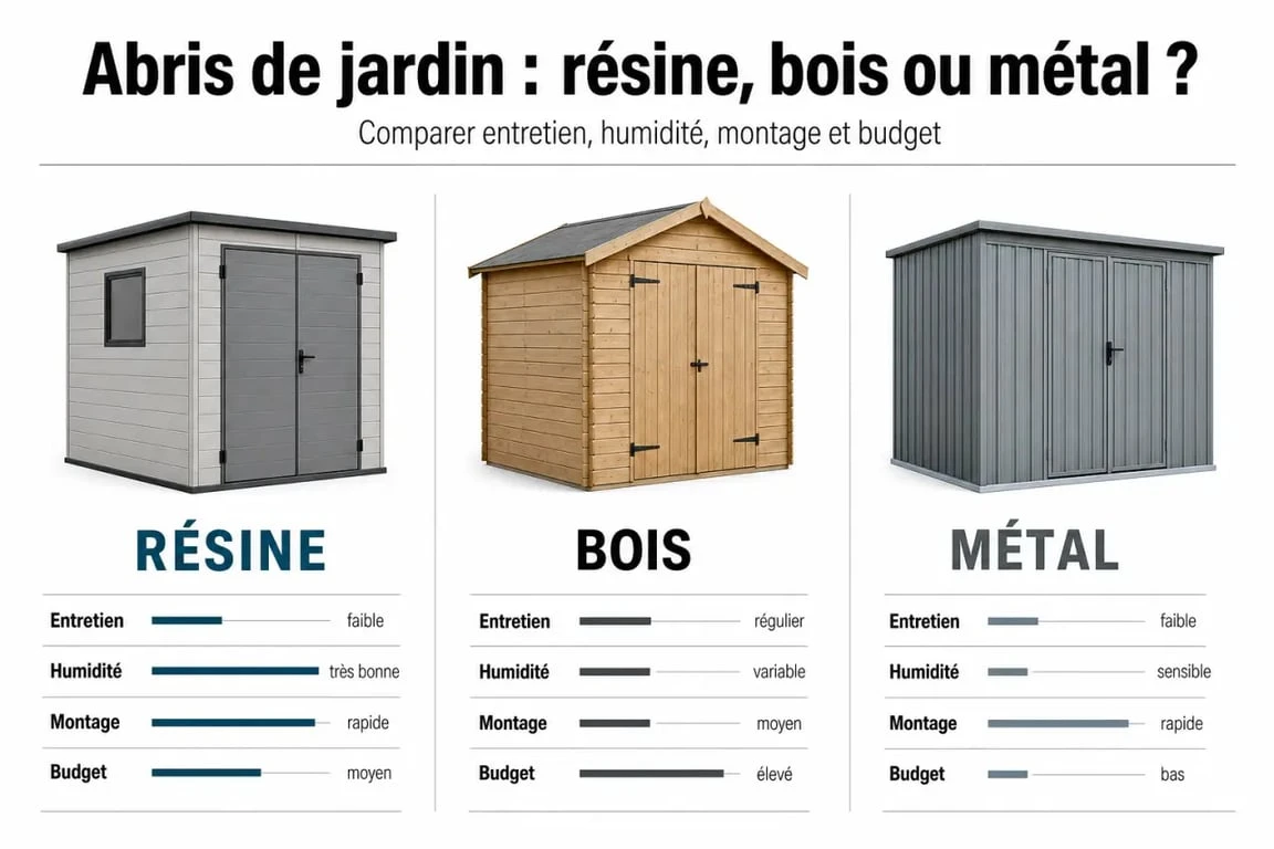 Abri jardin résine : comparaison visuelle entre résine, bois et métal