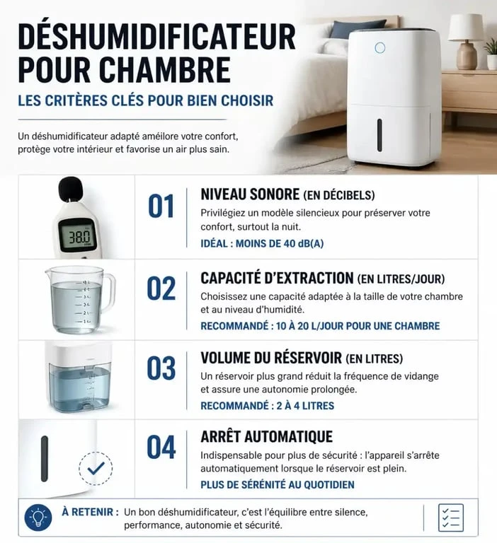 Infographie des critères de choix pour un déshumidificateur chambre