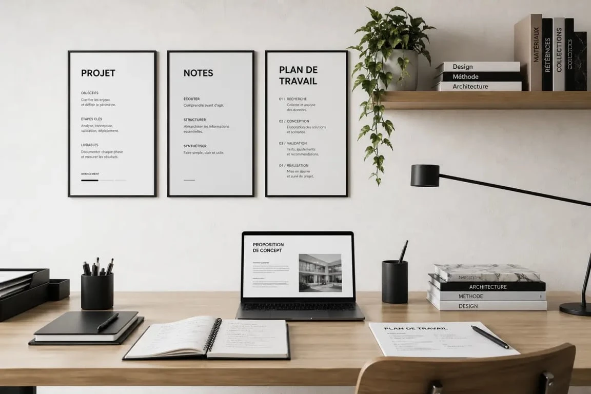 Décorer mur blanc dans un bureau avec cadres et étagère flottante