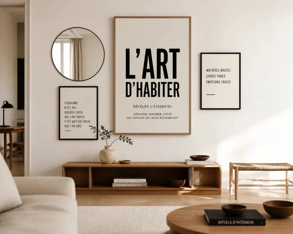 Décorer mur blanc dans un salon avec cadres, miroir et bois clair