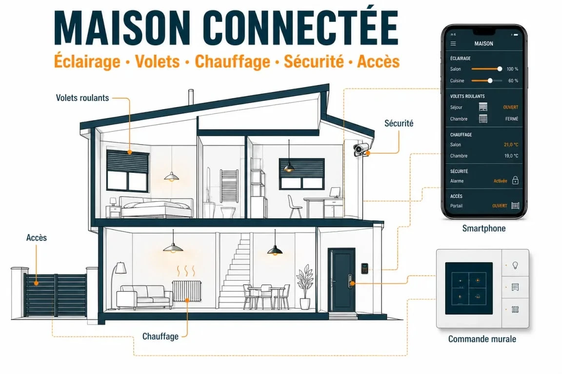 Maison connectée : illustration d’une maison pilotée depuis smartphone avec éclairage, volets, chauffage et sécurité