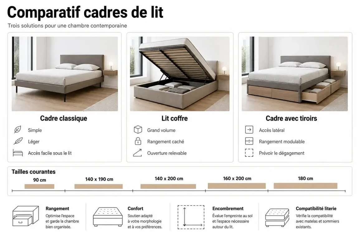 Cadre de lit : comparaison visuelle entre cadre classique, lit coffre et lit avec tiroirs
