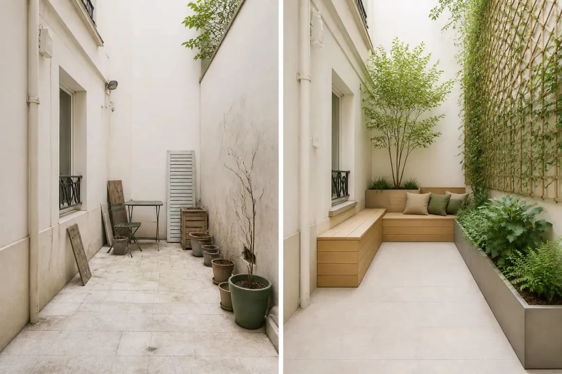 Avant/après d’un jardin de ville transformé en petite pièce extérieure