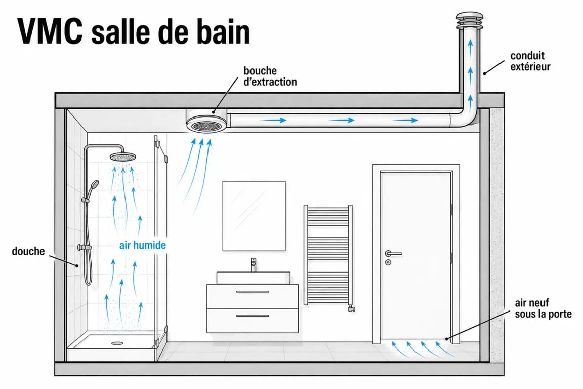 VMC pour salle de bain : schéma du flux d’air, de l’extraction de l’humidité et de la circulation de l’air neuf