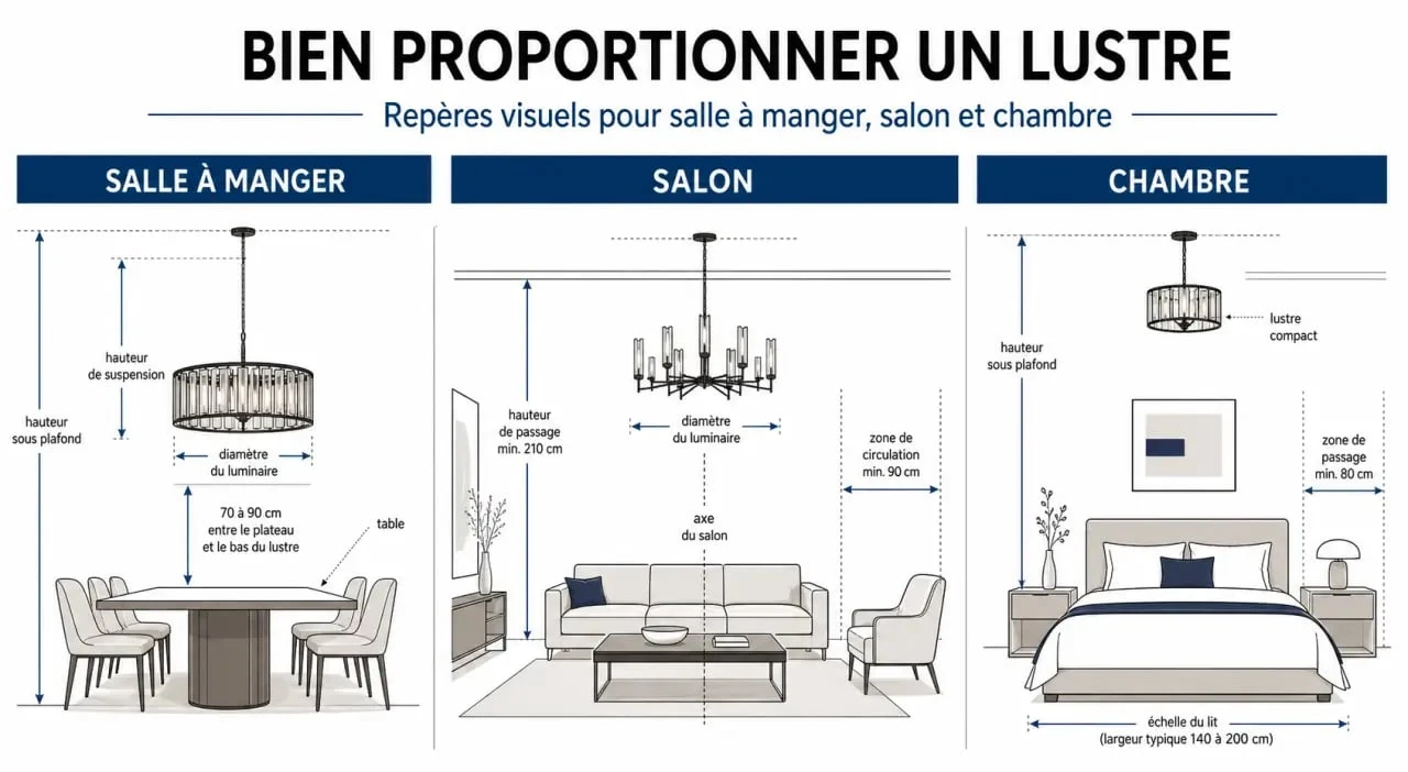 Lustres : schéma éditorial des bonnes proportions selon la pièce, la hauteur sous plafond et le diamètre