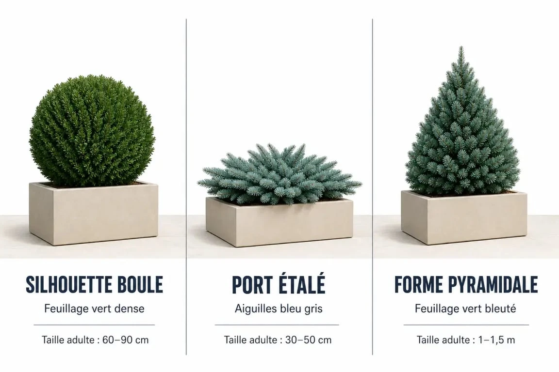 Conifère nain pour bac : comparaison visuelle de trois variétés compactes en pot sur une terrasse