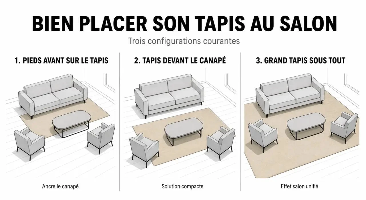 Tapis dans salon : les 3 positions principales par rapport au canapé et à la table basse