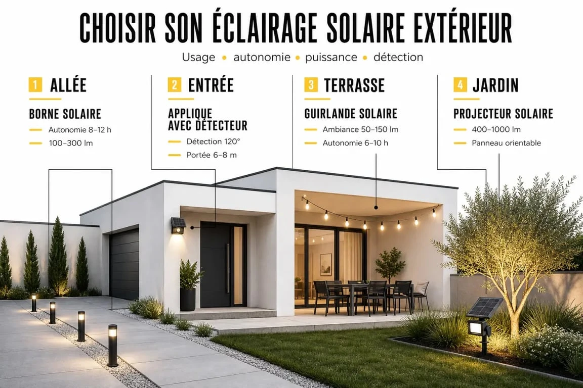 Comparatif des luminaires solaires extérieurs selon la zone à éclairer, du jardin à l’entrée