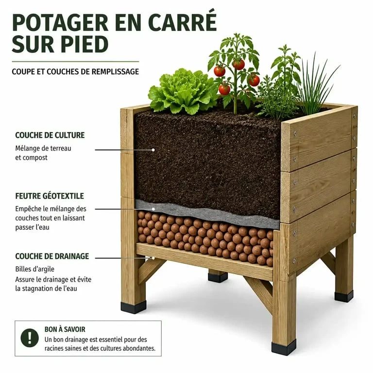 Schéma de remplissage d'un potager en carré sur pied pour une culture optimale