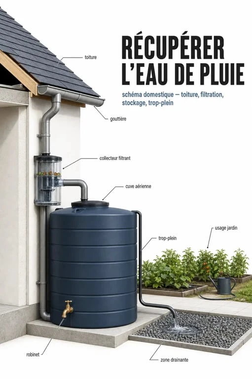 Récupérateur eau de pluie : schéma d'une installation domestique avec gouttière, filtre, cuve et trop-plein