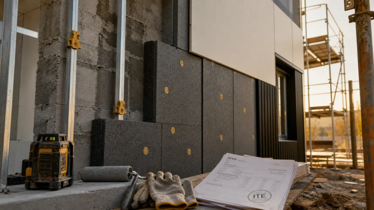 Isolation extérieure prix : chantier ITE avec panneaux isolants et échafaudage