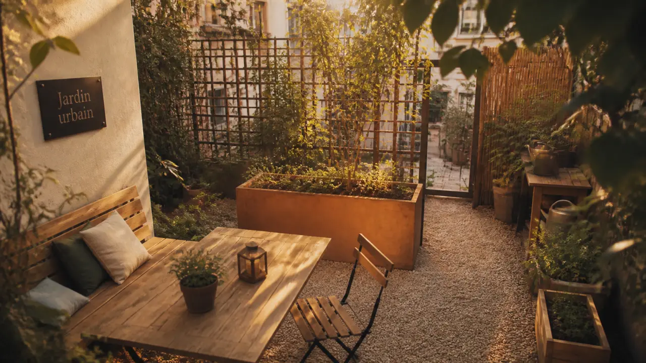 Jardin de ville intimité : cour urbaine avec treillage végétalisé
