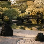 Jardin japonais pierre et eau, perspective en gravier et reflets