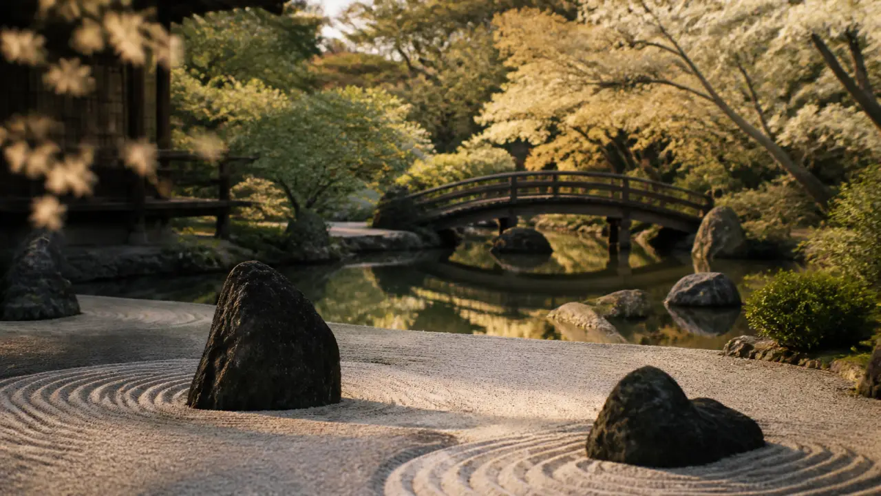 Jardin japonais pierre et eau, perspective en gravier et reflets
