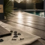 Lames de terrasse composite profil plein coextrusion 360° sur terrasse bois stable