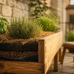 Potager en carré sur pied sur terrasse, bacs en bois et paillage