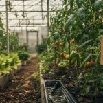 Potager serre sous polycarbonate : tomates et microclimat visible sur feuilles