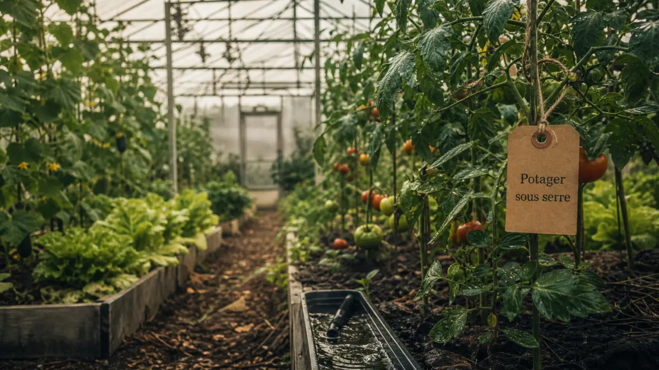 Potager serre sous polycarbonate : tomates et microclimat visible sur feuilles