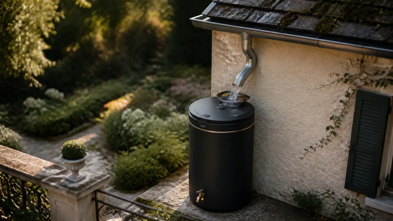 Récupérateur eau de pluie près de la gouttière, cuve