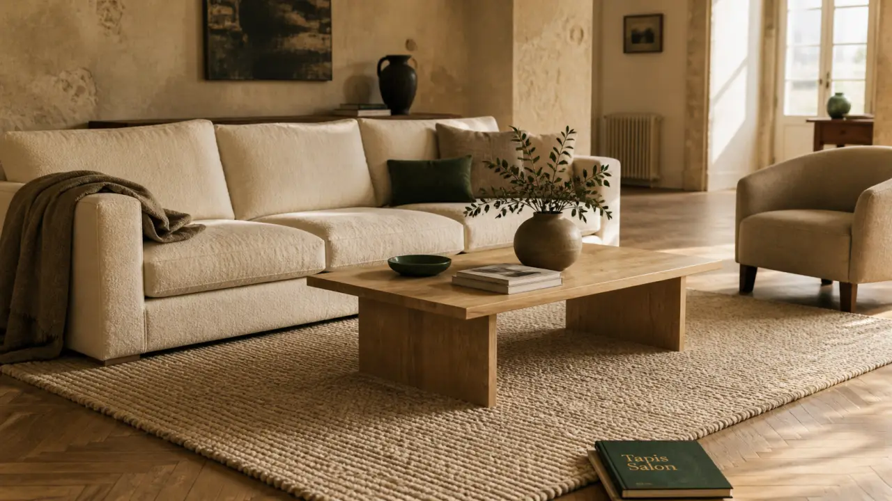 Tapis dans salon avec 30 cm de débord et placements clés