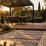 Aménagement jardins : chemin en pas japonais et terrasse