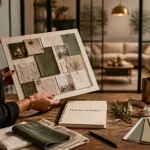 Décoratrice interieur devant une planche ambiance pour plus de lumière et rangements