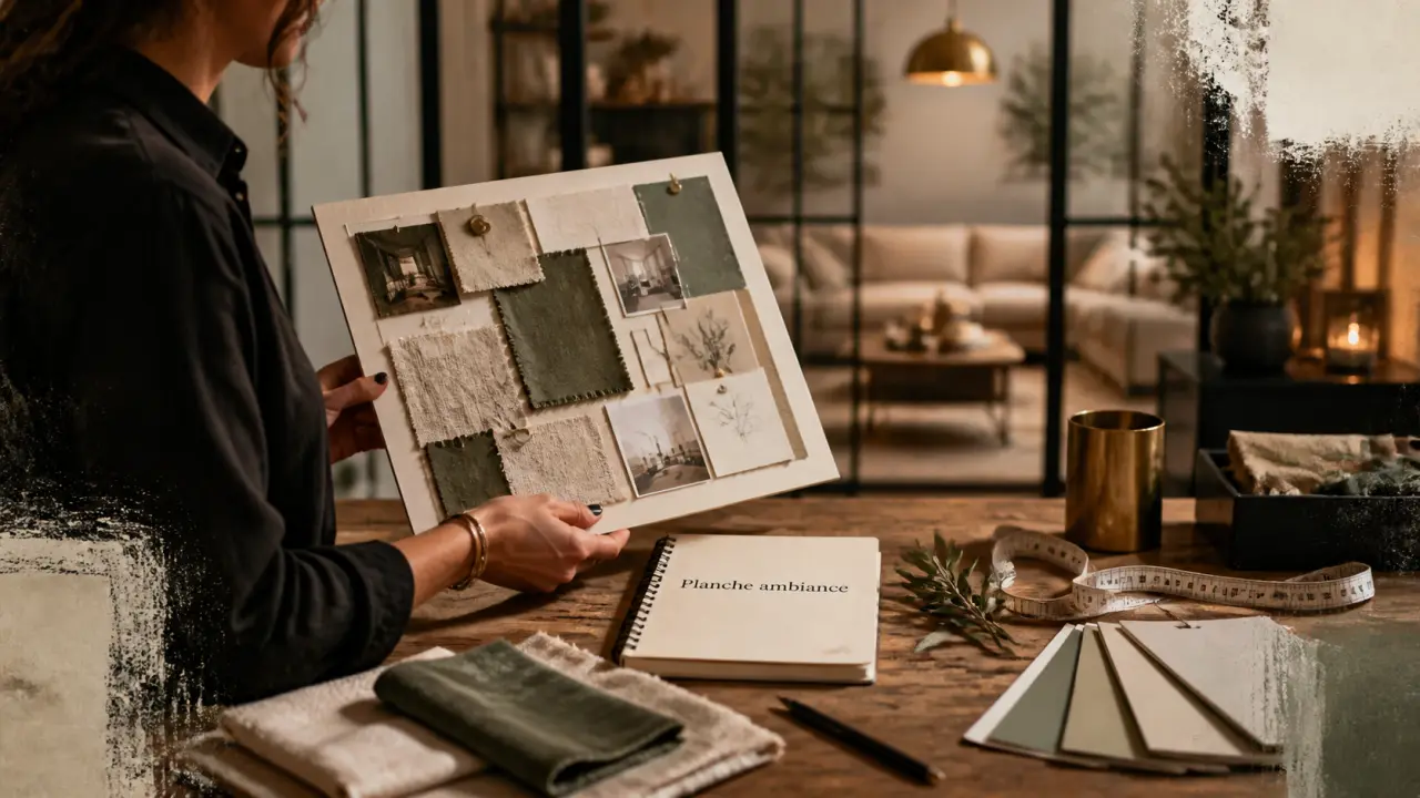Décoratrice interieur devant une planche ambiance pour plus de lumière et rangements