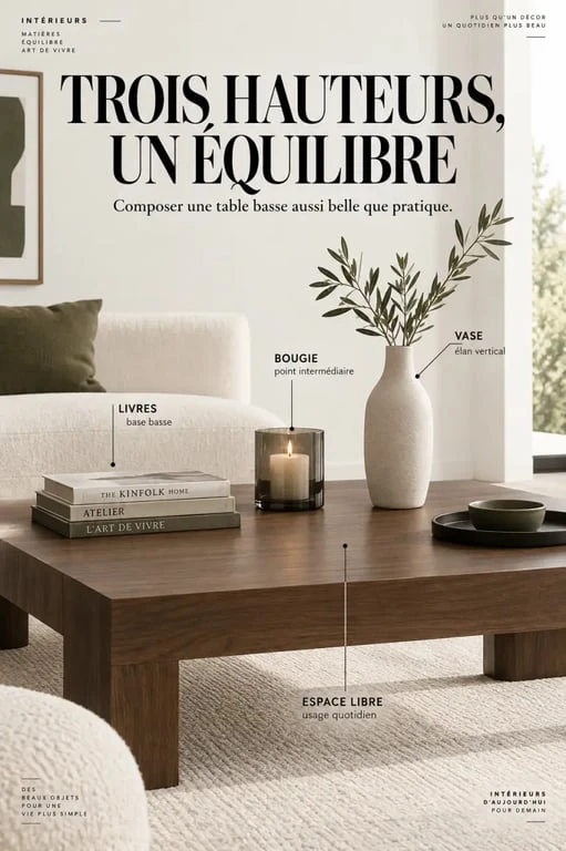 Déco table basse avec livres, vase, bougie et espace dégagé