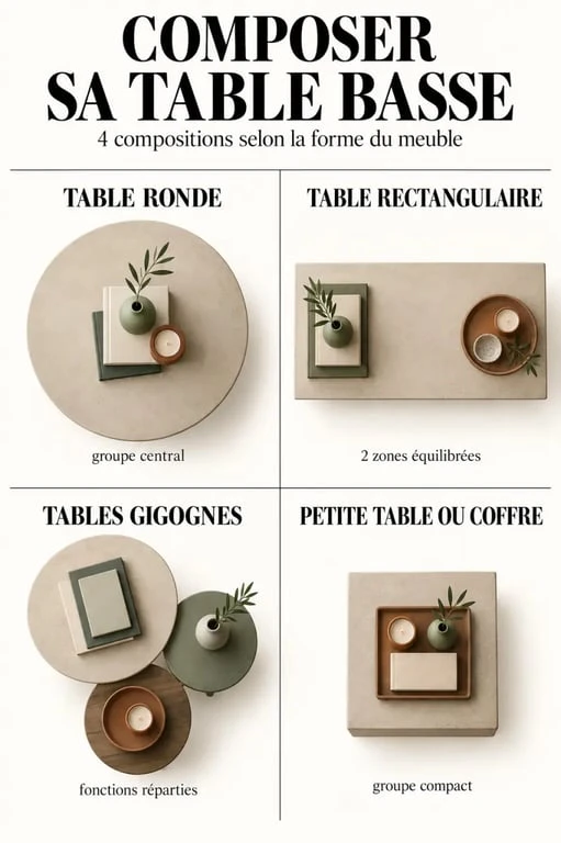 Infographie de déco table basse selon la forme ronde, rectangulaire ou gigogne