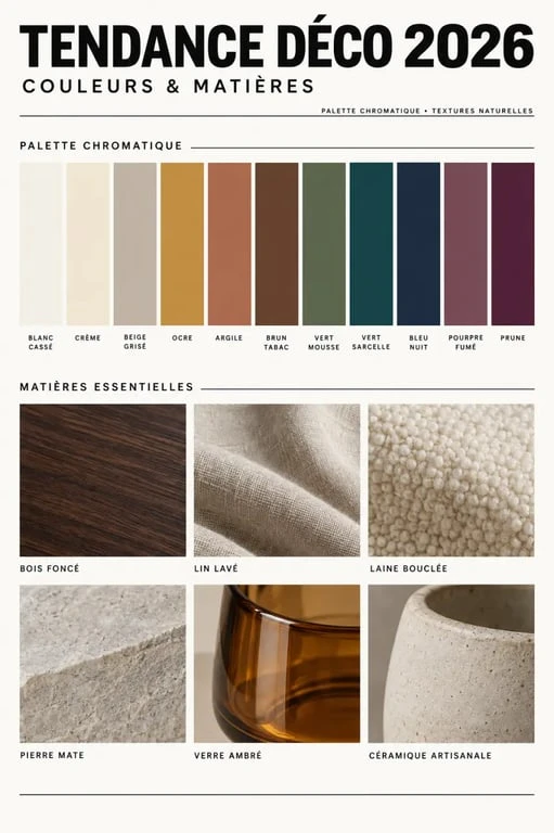 Palette de couleurs et matières de la tendance déco 2026