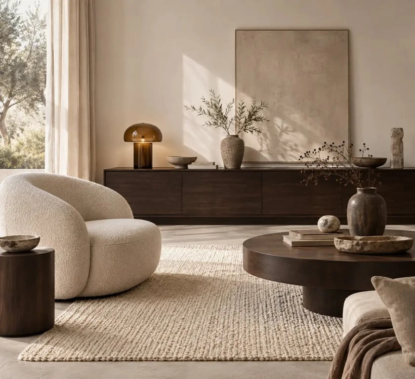 Tendance déco 2026 dans un salon chaleureux aux matières naturelles et aux couleurs profondes