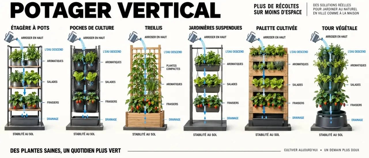Infographie des supports et de l’arrosage d’un potager vertical